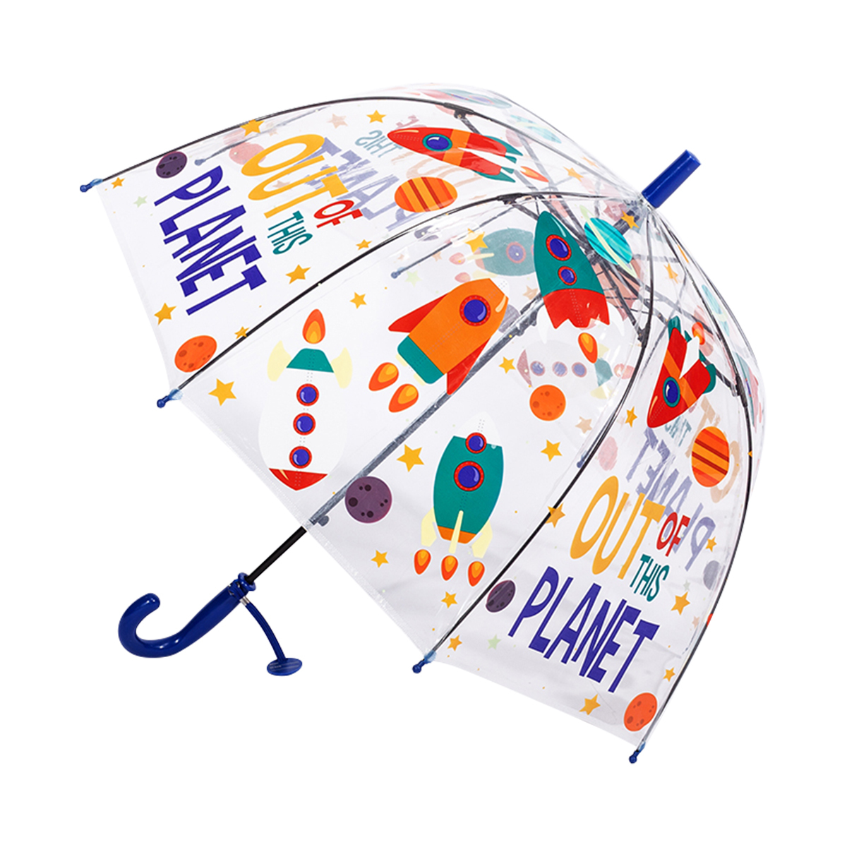 Parapluie enfant transparent -  Parapluie garçon - Poignée bleue - Fusée