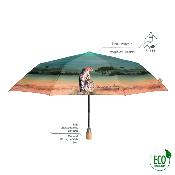 Parapluie pliant et écologique en plastique recyclé et manche en bois - Ouverture automatique - Large protection 96 cm -  Savannah - Vert