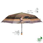 Parapluie pliant et écologique en plastique recyclé et manche en bois - Ouverture automatique - Large protection 96 cm -  Savannah - Beige