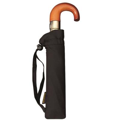 Parapluie pliant compact automatique pour homme et femme - Résistant au vent - Avec poignée courbe en bois et sangle de transport - Noir