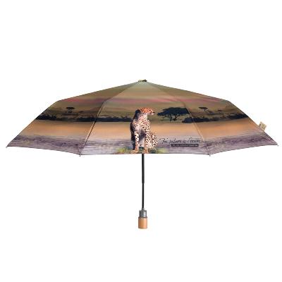 Parapluie pliant et écologique en plastique recyclé et manche en bois - Ouverture automatique - Large protection 96 cm -  Savannah - Beige