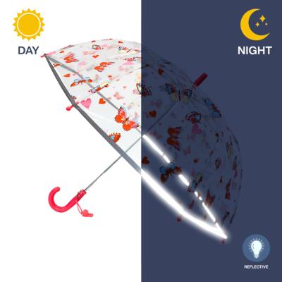 Parapluie cloche transparent enfant - Papillon rose - Coupe-vent - Bordure réfléchissante pour une grande visibilité la nuit - Transparent avec poignée rose