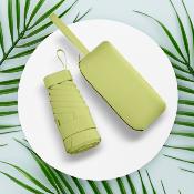 Mini parapluie femme - Parapluie six volets - Léger et compact - Avec étui en cuir zippé - Vert citron