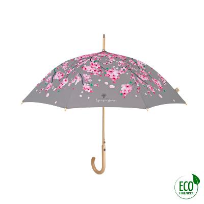 Parapluie écologique automatique pour femme - Fabriqué en tissu RPET et manche en bois - Grande protection de 102 cm de diamètre - Fleur de pêcher
