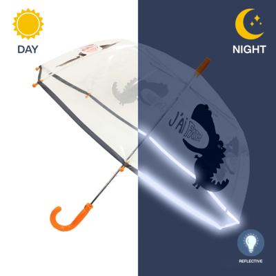 Parapluie cloche transparent enfant - Dinosaure rigolo -  Bordure réflechissante pour être visible la nuit - Transparent avec poignée orange
