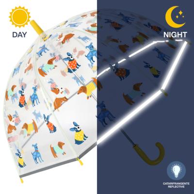 Parapluie transparent cloche pour enfant - Bordure réfléchissante pour une meilleure visibilité la nuit - Imprimé chien
