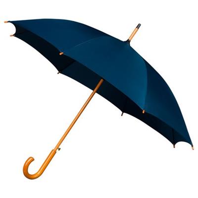 Parapluie long unisexe - Ouverture automatique - Manche et poignée canne bois - Bleu foncé