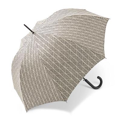 Grand parapluie automatique - Résistant au vent - Avec poignée courbée -Motif Chevron - Noir et blanc