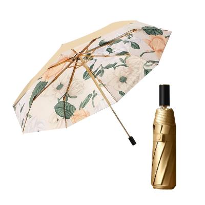 Parapluie pliant pour femme - Parapluie à trois volets - Revêtement or titane - Intérieur orchidée