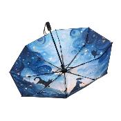 Parapluie pliant pour femme - Parapluie trois volets - Automatique - Revêtement noir - Chat étoilé