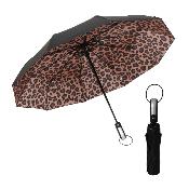 Parapluie pliant – Design 3 plis avec auvent double couche – Système d'ouverture automatique – Extérieur noir avec intérieur imprimé léopard